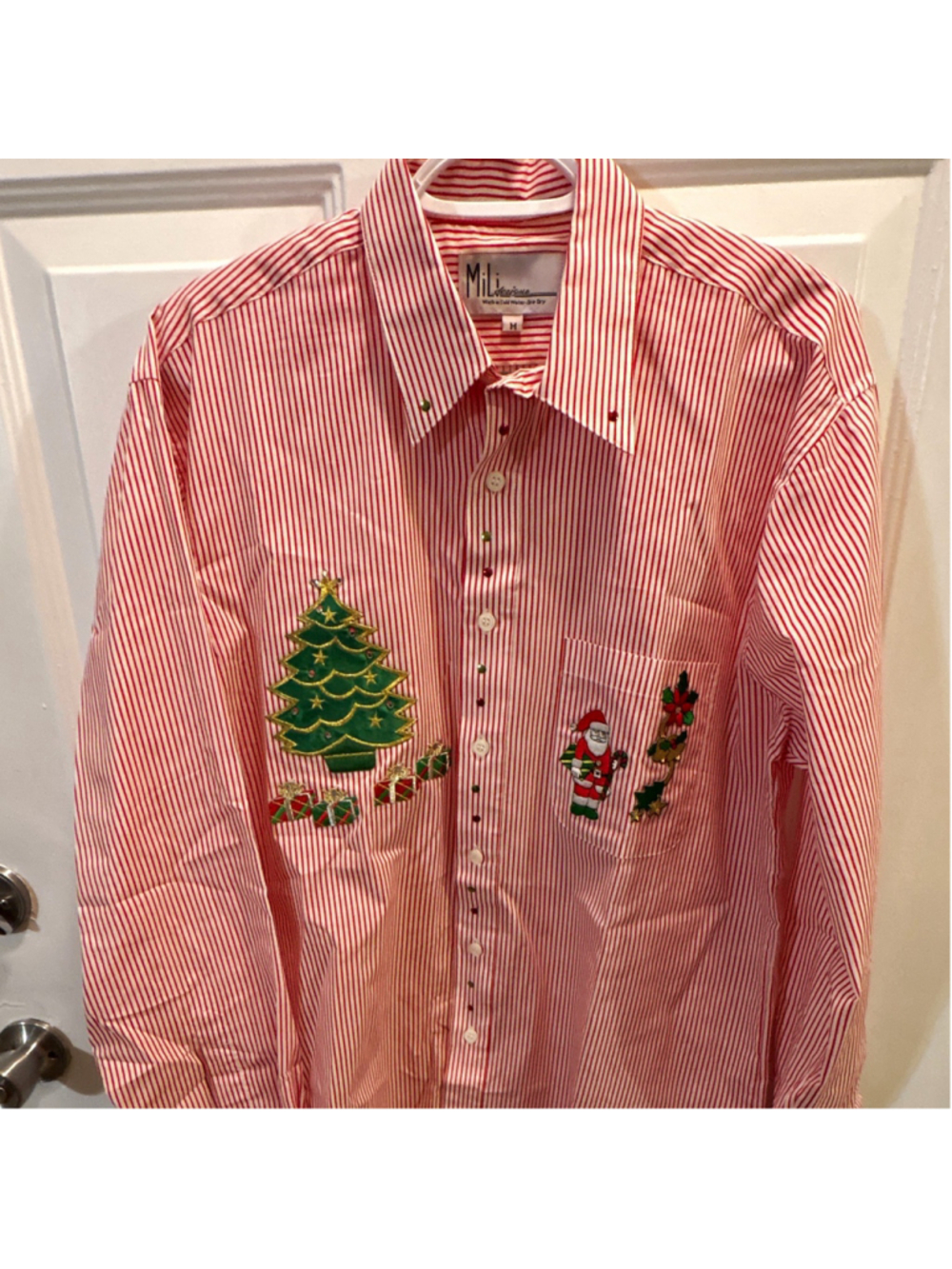 MiL. Designe Women M Red/White Striped Button-Up Shirt Santa Embroidered Pockets